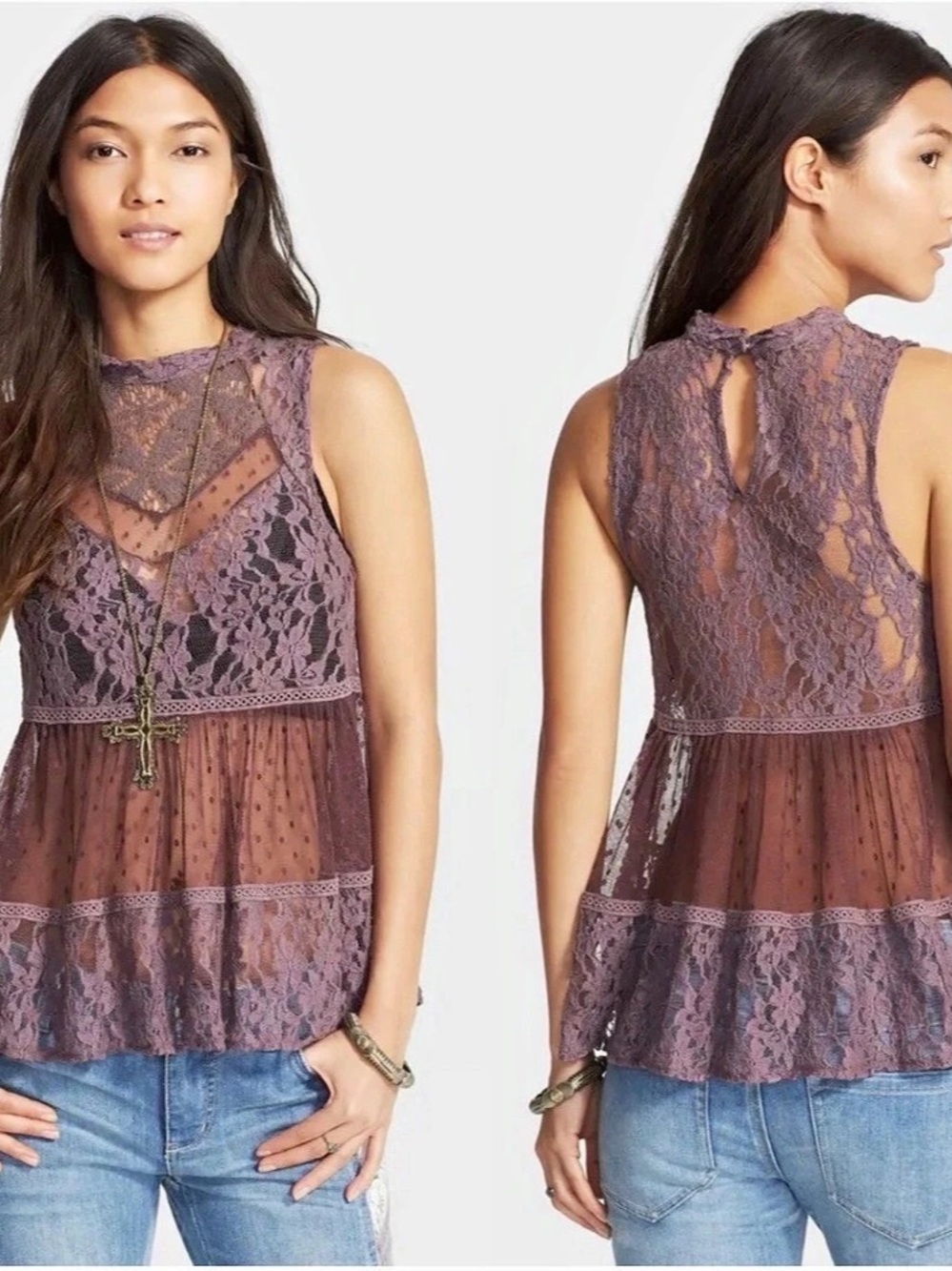 Free People Floral Lace Sleeveless Blouse in Purple Size Medium